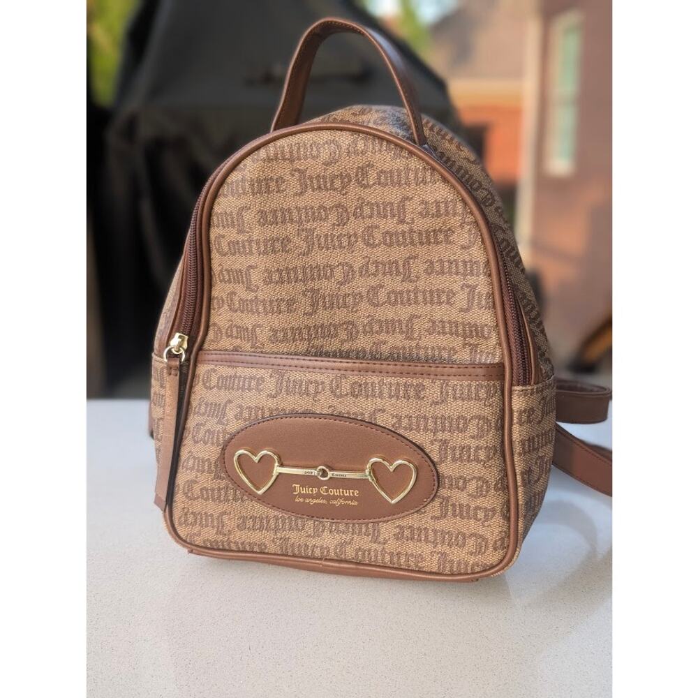 Juicy Couture Y2K Monogram Mini Backpack Purse Heart Detail 2000s Brown Bag